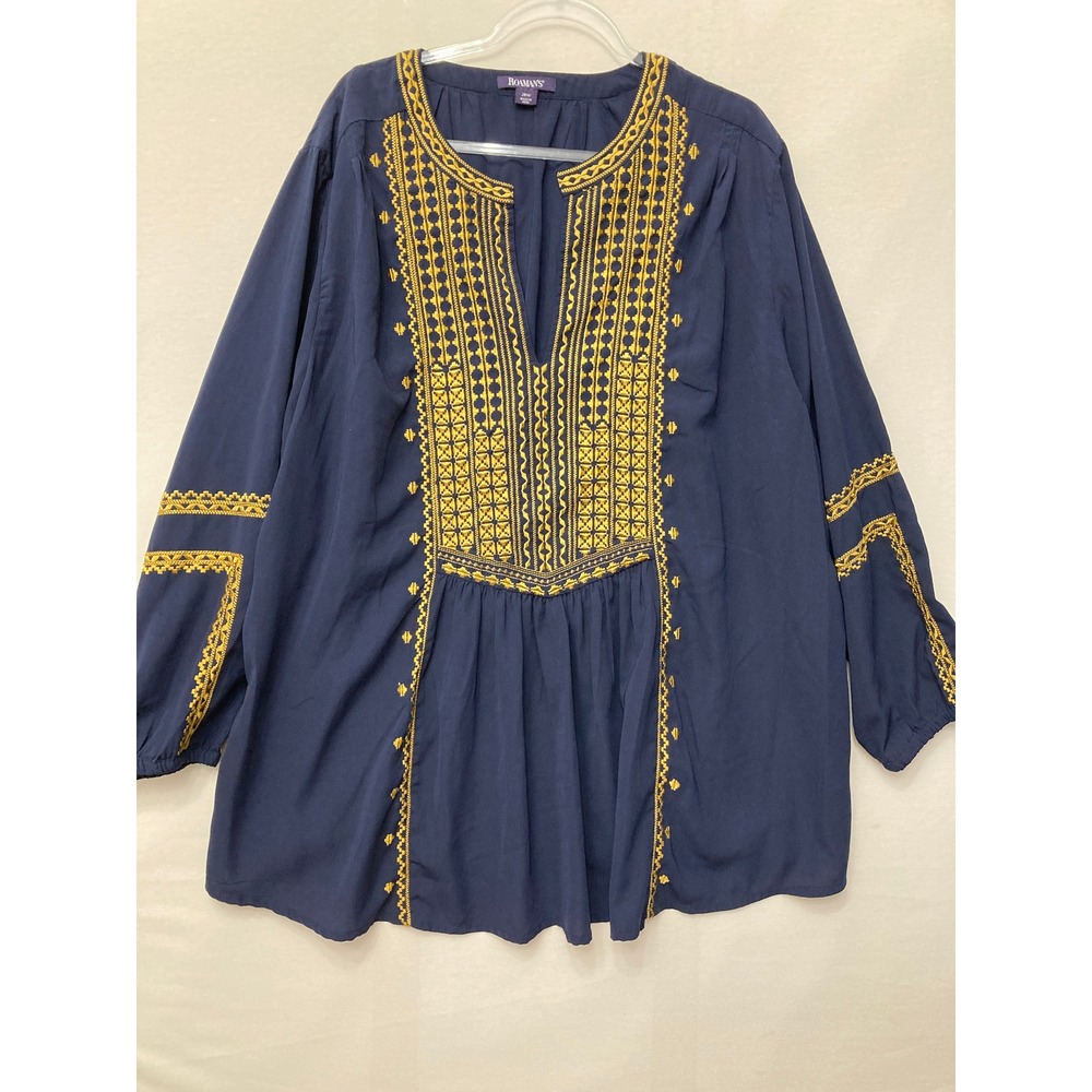 Roaman's Embroidered Tunic size 28W Navy Soft Boho Peasant Blouse